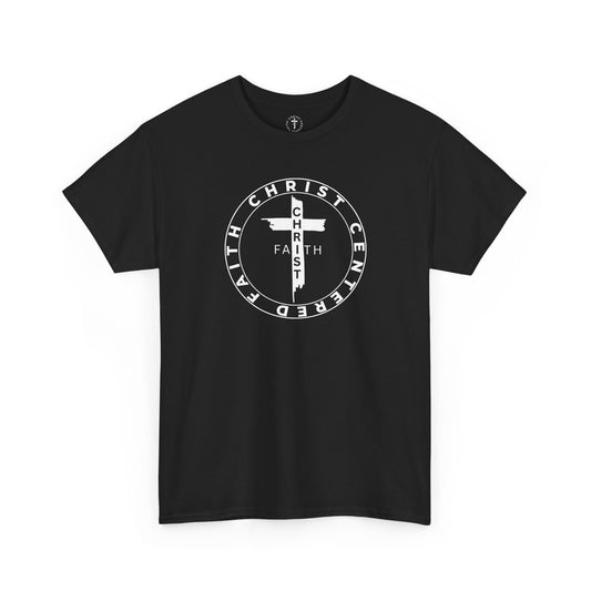 Christ Centered Faith unisex Christian t-shirt with circular "Christ Centered Faith" logo featuring white cross and text in white surrounding vertical black "Faith" lettering on black background.