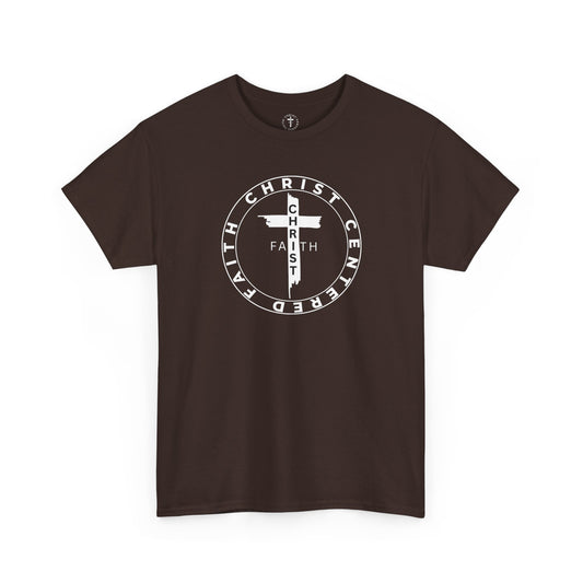 Christ Centered Faith unisex Christian t-shirt with circular "Christ Centered Faith" logo featuring white cross and text in white surrounding vertical black "Faith" lettering on brown background.