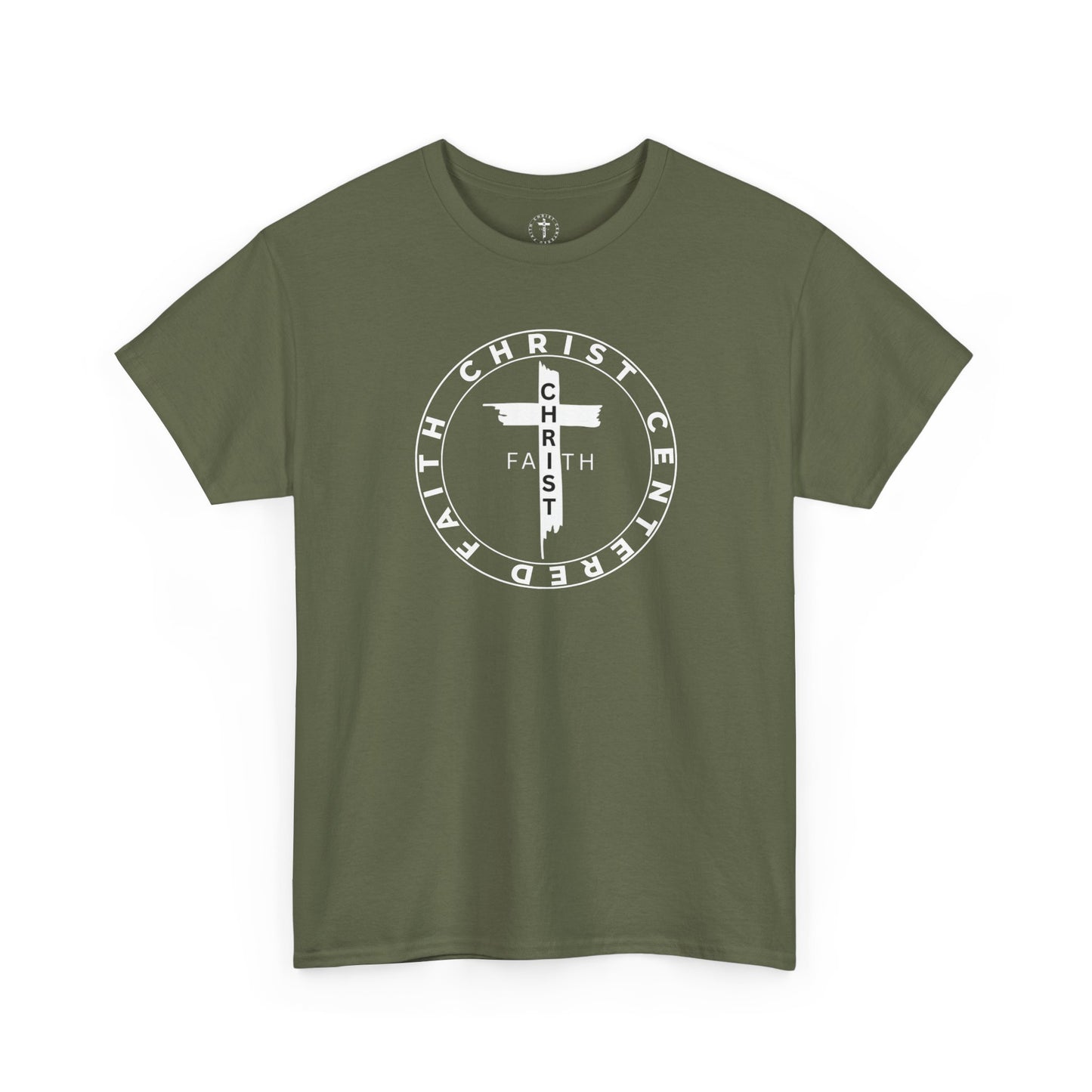 Christ Centered Faith unisex Christian t-shirt with circular "Christ Centered Faith" logo featuring white cross and text in white surrounding vertical black "Faith" lettering on military green background.