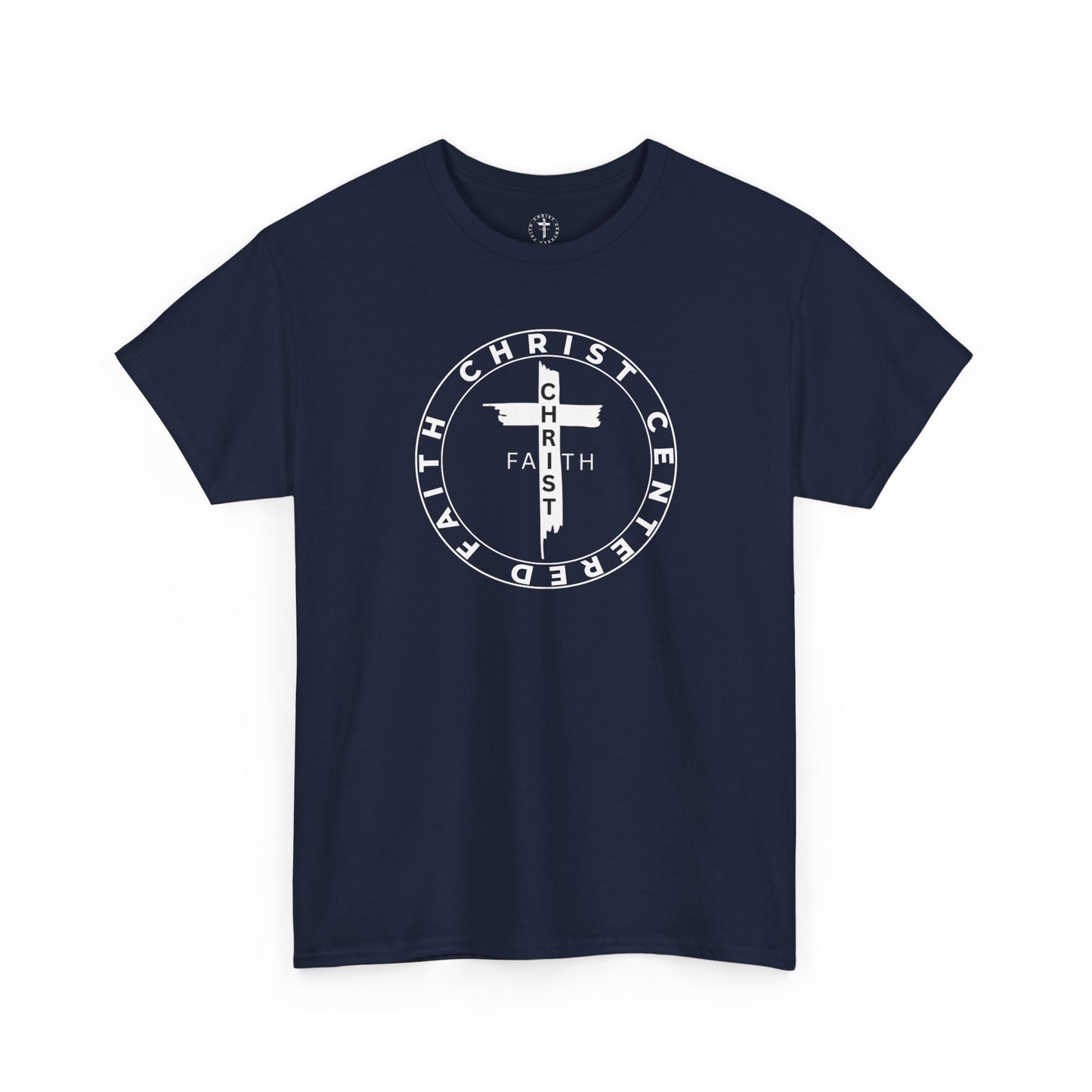 Christ Centered Faith unisex Christian t-shirt with circular "Christ Centered Faith" logo featuring white cross and text in white surrounding vertical black "Faith" lettering on navy background.