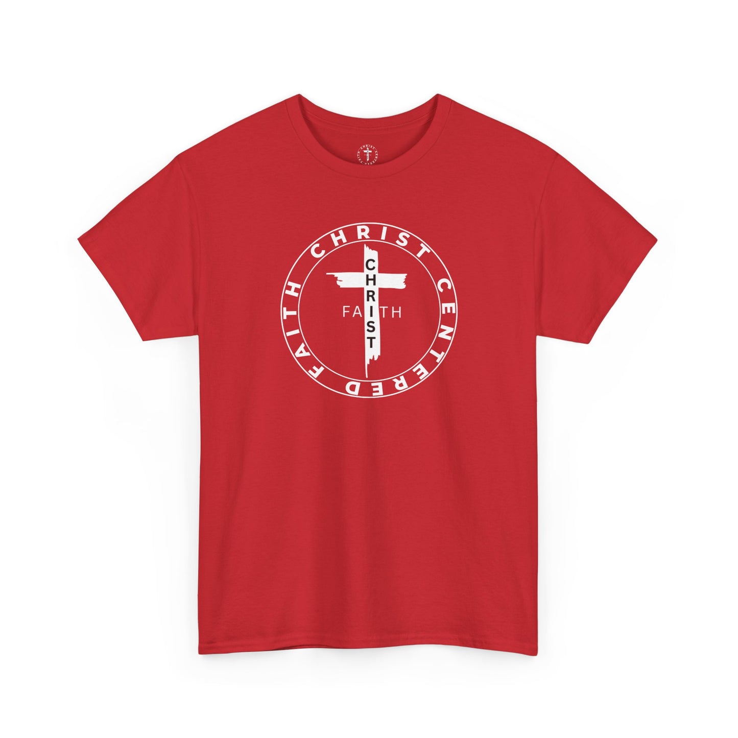Christ Centered Faith unisex Christian t-shirt with circular "Christ Centered Faith" logo featuring white cross and text in white surrounding vertical black "Faith" lettering on red background.