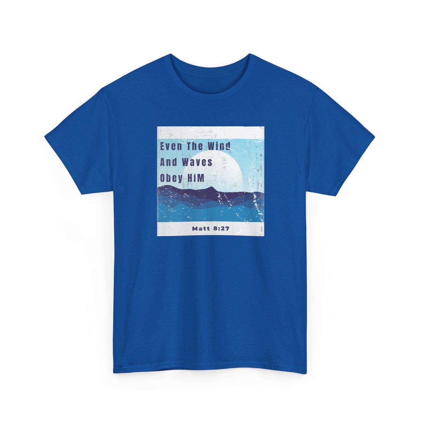 Christ Centered Faith men's Christian t-shirt with "Even The Wind And Waves Obey Him" and Matthew 8:27 Bible verse in blue over retro multicolor waves and sun on blue background.