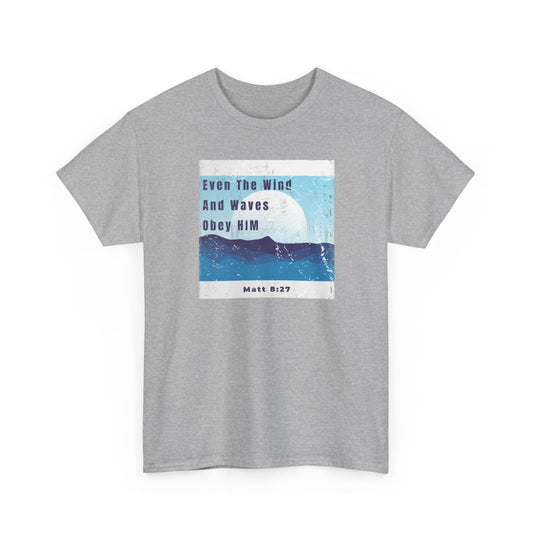 Christ Centered Faith men's Christian t-shirt with "Even The Wind And Waves Obey Him" and Matthew 8:27 Bible verse in blue over retro multicolor waves and sun on gray background.