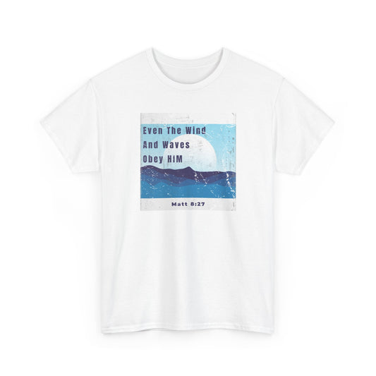 Christ Centered Faith men's Christian t-shirt with "Even The Wind And Waves Obey Him" and Matthew 8:27 Bible verse in blue over retro multicolor waves and sun on white background.