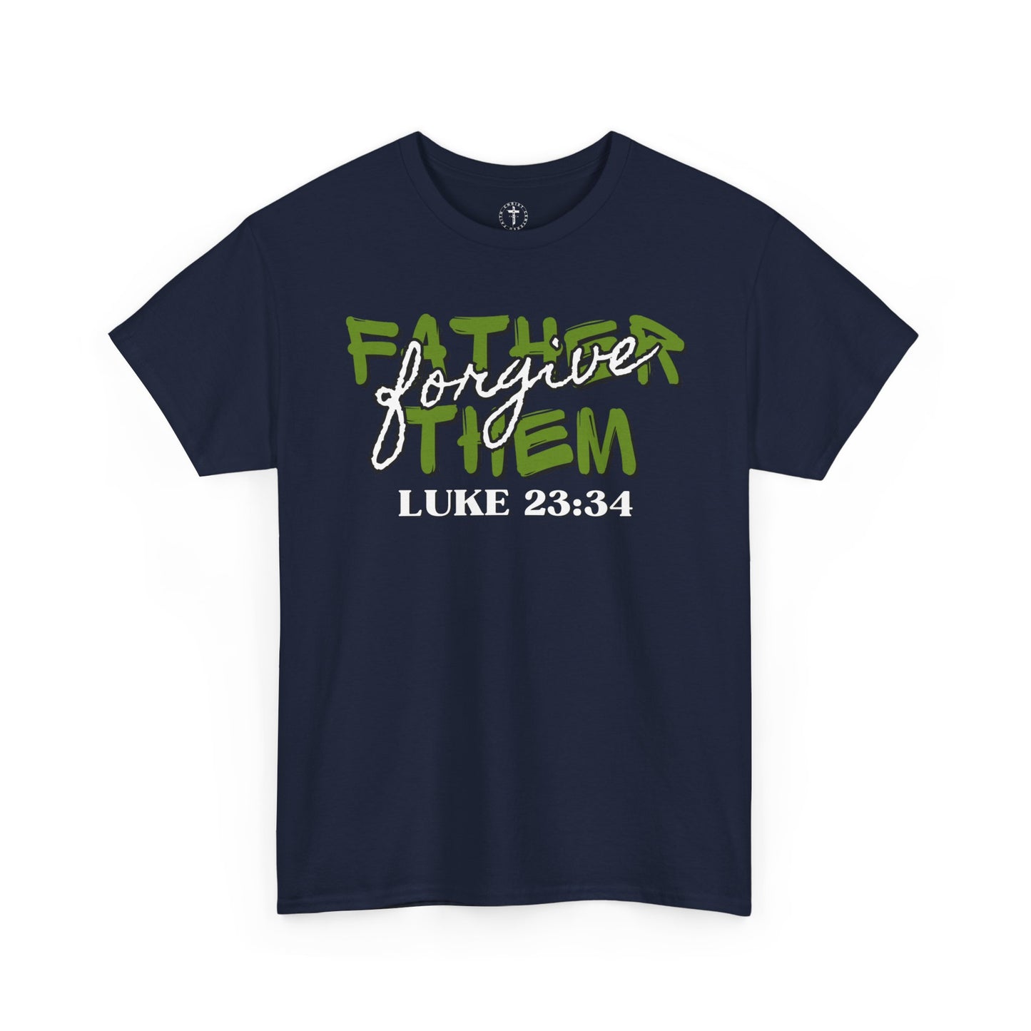 Christ Centered Faith men's Christian T-shirt with multicolor "Father Forgive Them" text and Luke 23:34 Bible verse in white on navy background.