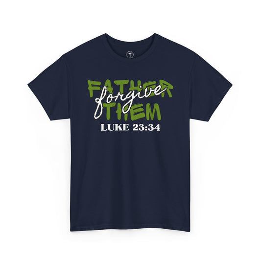 Christ Centered Faith men's Christian T-shirt with multicolor "Father Forgive Them" text and Luke 23:34 Bible verse in white on navy background.