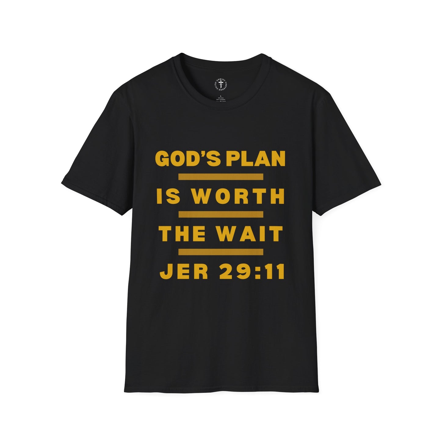 Christ Centered Faith men's Christian T-shirt with "God's Plan Is Worth The Wait" and Jeremiah 29:11 Bible verse text in yellow with yellow stripes on black background.