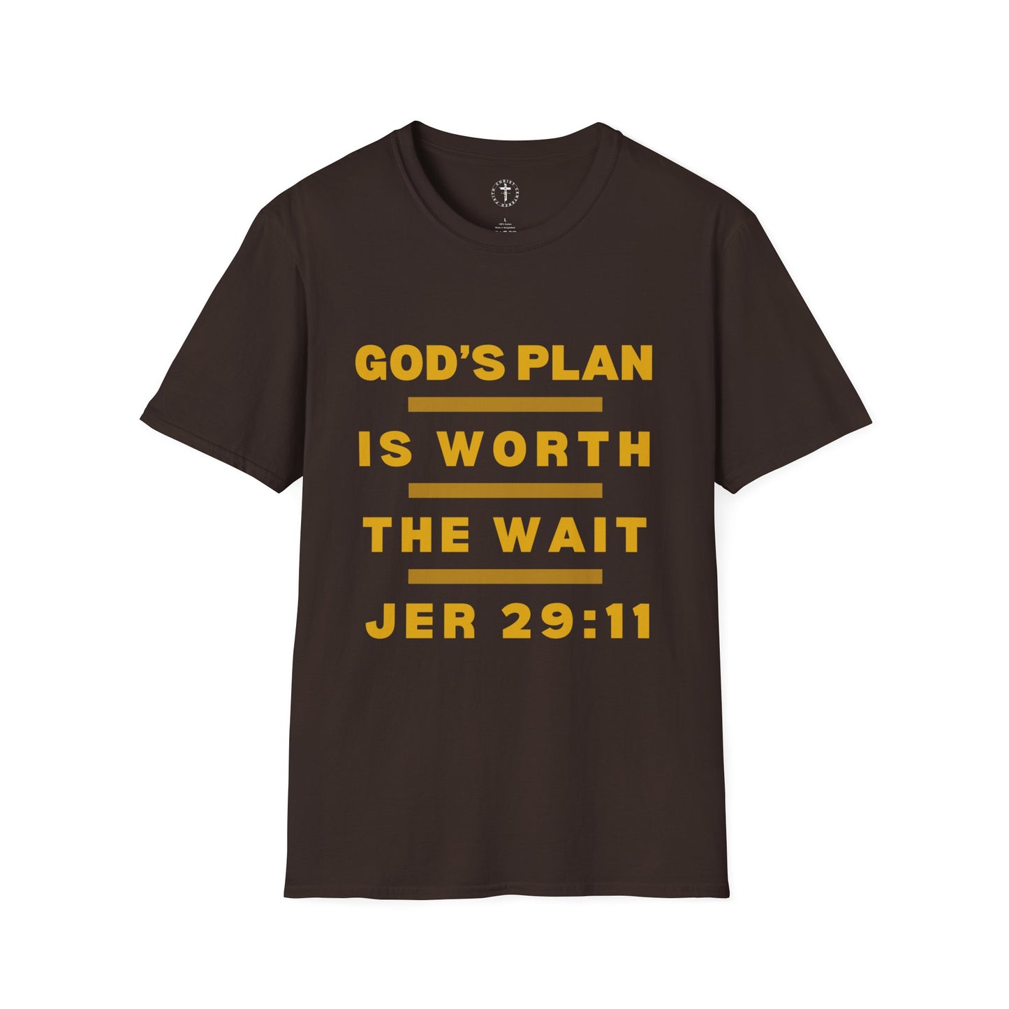 Christ Centered Faith men's Christian T-shirt with "God's Plan Is Worth The Wait" and Jeremiah 29:11 Bible verse text in yellow with yellow stripes on brown background.