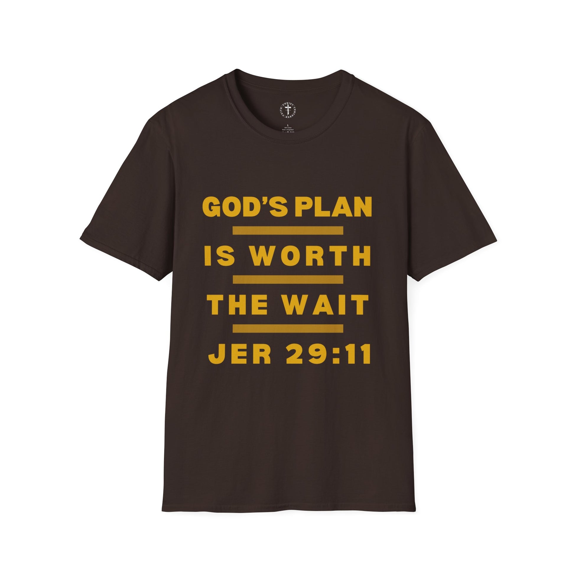 Christ Centered Faith men's Christian T-shirt with "God's Plan Is Worth The Wait" and Jeremiah 29:11 Bible verse text in yellow with yellow stripes on brown background.