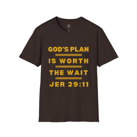 Christ Centered Faith men's Christian T-shirt with "God's Plan Is Worth The Wait" and Jeremiah 29:11 Bible verse text in yellow with yellow stripes on brown background.