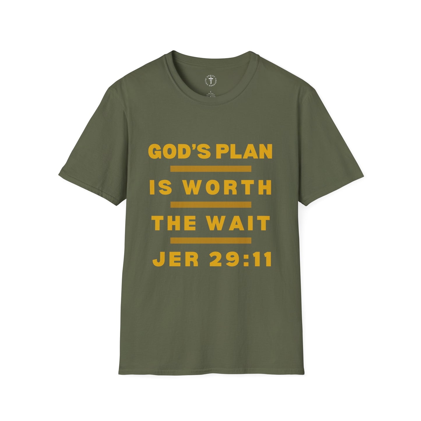 Christ Centered Faith men's Christian T-shirt with "God's Plan Is Worth The Wait" and Jeremiah 29:11 Bible verse text in yellow with yellow stripes on military green background.