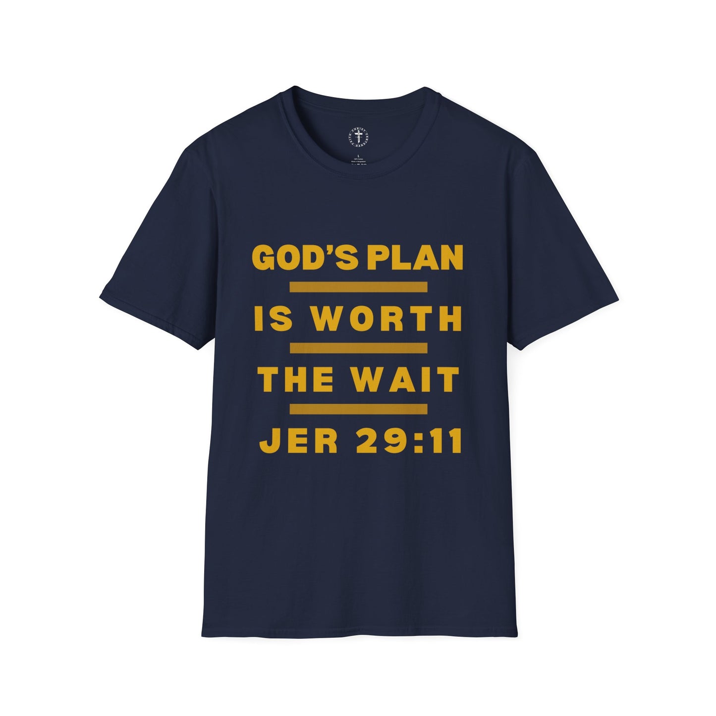 Christ Centered Faith men's Christian T-shirt with "God's Plan Is Worth The Wait" and Jeremiah 29:11 Bible verse text in yellow with yellow stripes on navy background.