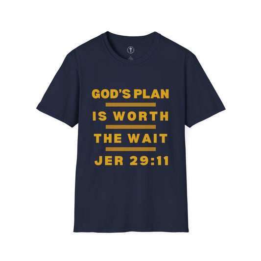 Christ Centered Faith men's Christian T-shirt with "God's Plan Is Worth The Wait" and Jeremiah 29:11 Bible verse text in yellow with yellow stripes on navy background.