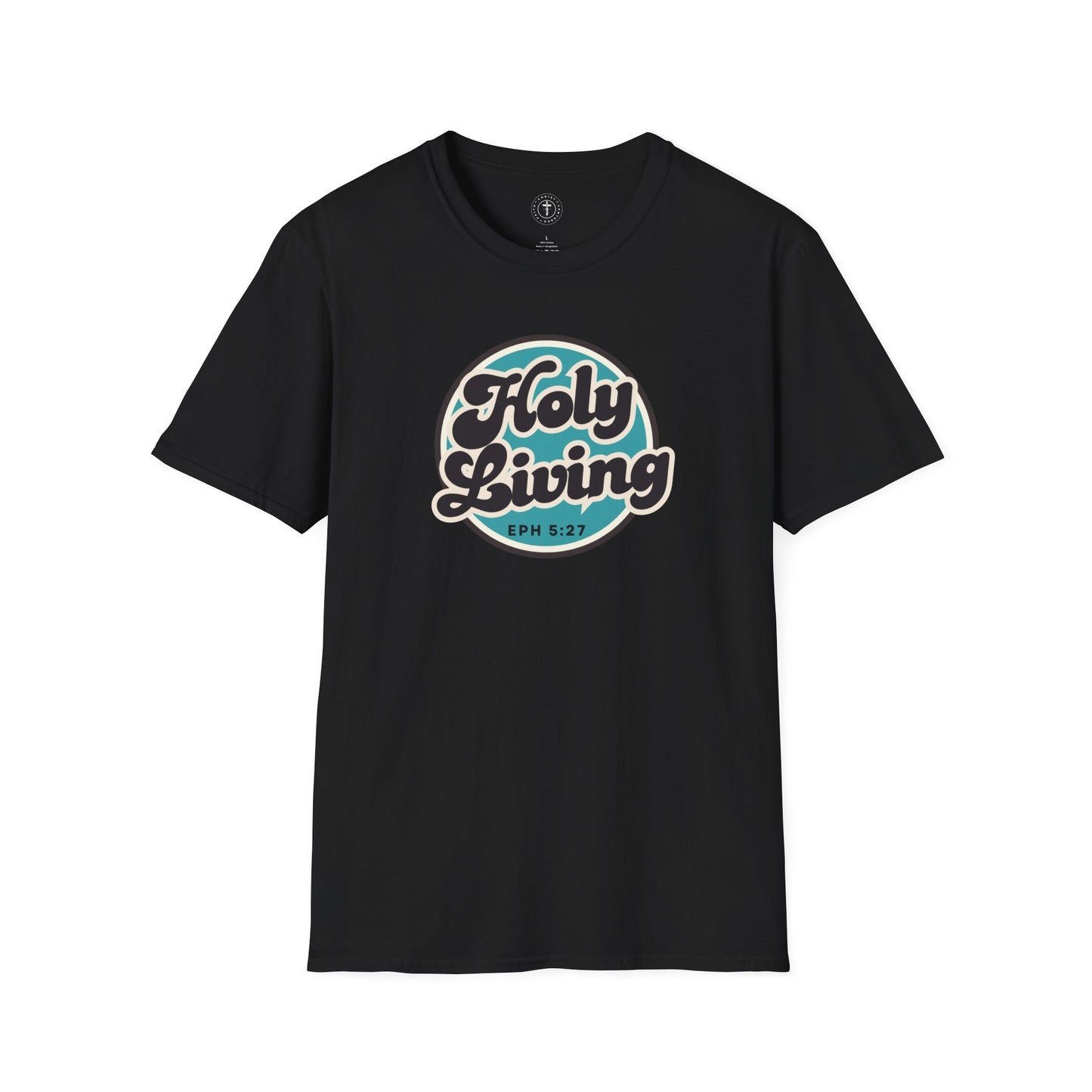 Christ Centered Faith men's Christian t-shirt with "Holy Living" and Ephesians 5:27 Bible verse text in black over blue circle on black background.