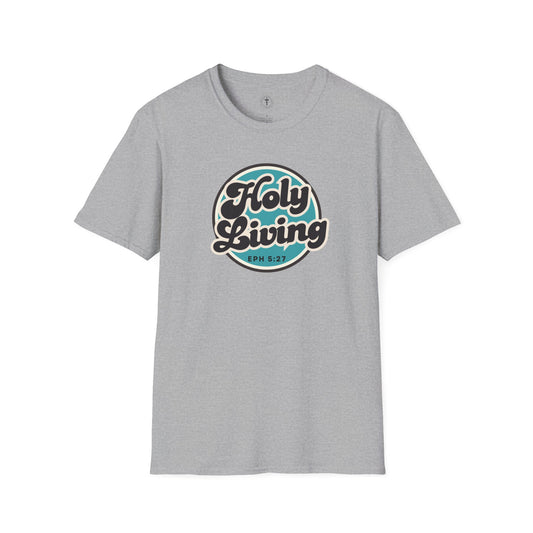 Christ Centered Faith men's Christian t-shirt with "Holy Living" and Ephesians 5:27 Bible verse text in black over blue circle on gray background.