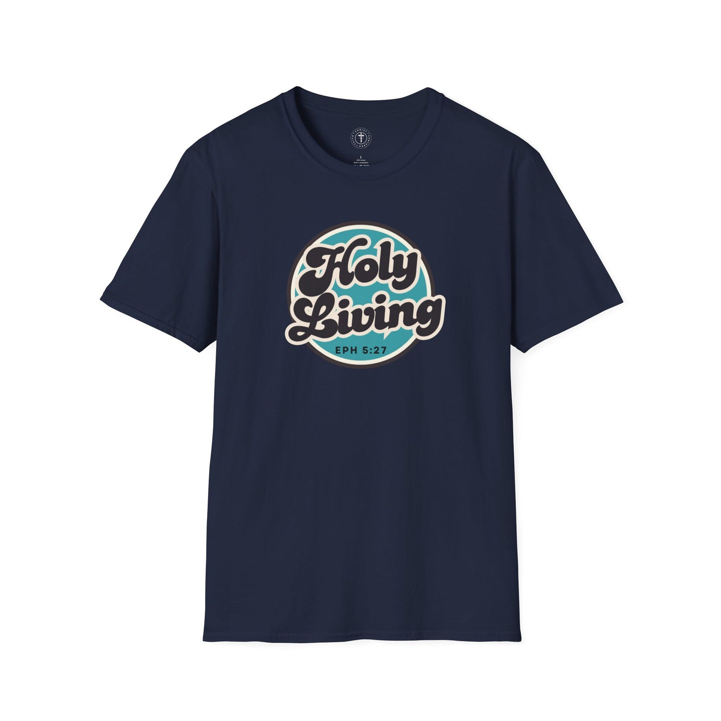 Christ Centered Faith men's Christian t-shirt with "Holy Living" and Ephesians 5:27 Bible verse text in black over blue circle on navy background.