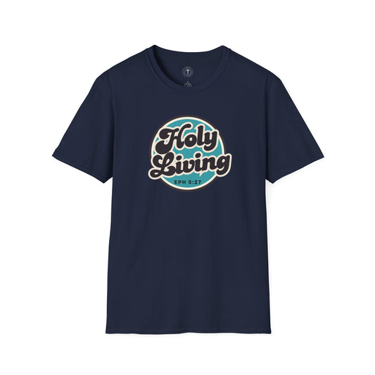Christ Centered Faith men's Christian t-shirt with "Holy Living" and Ephesians 5:27 Bible verse text in black over blue circle on navy background.
