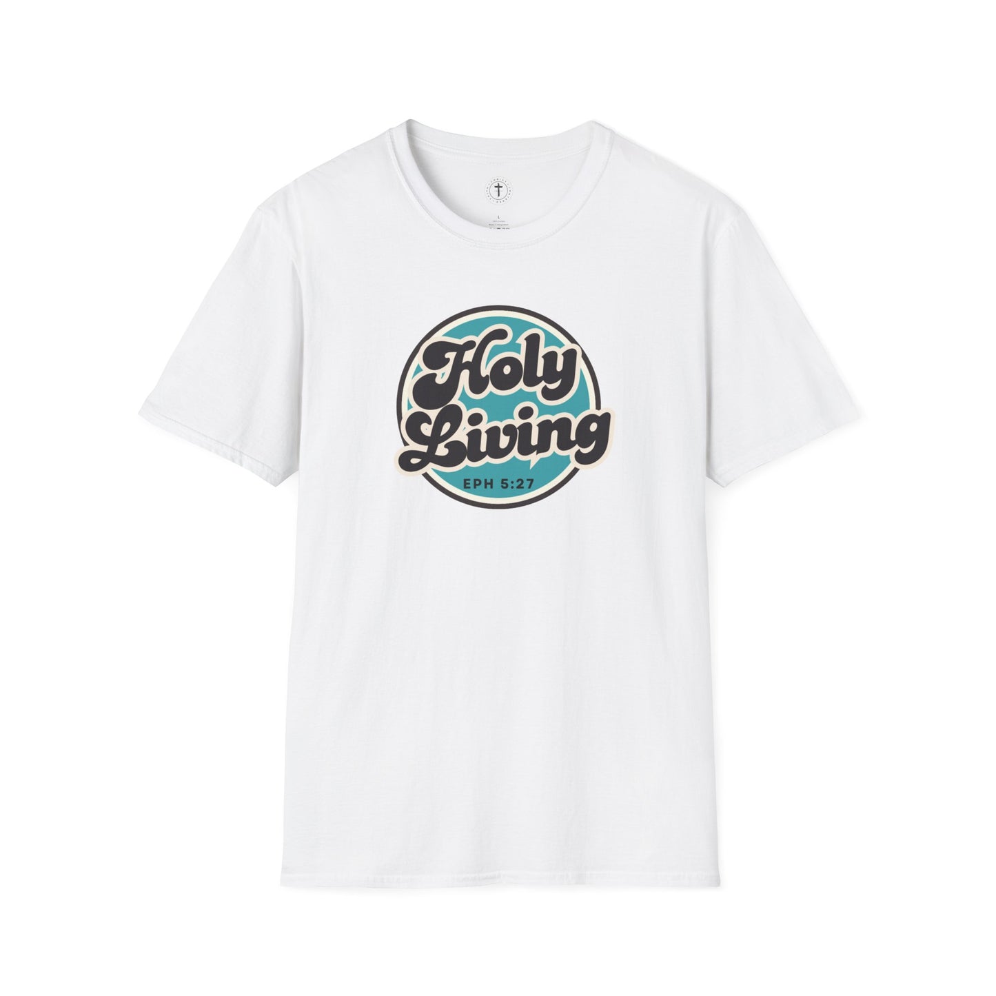 Christ Centered Faith men's Christian t-shirt with "Holy Living" and Ephesians 5:27 Bible verse text in black over blue circle on white background.