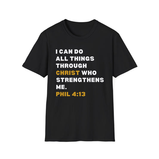 Christ Centered Faith men's Christian t-shirt with "I Can Do All Things Through Christ Who Strengthens Me" and Pilippians 4:13 Bible verse text in white and yellow on black background.