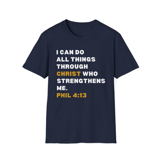 Christ Centered Faith men's Christian t-shirt with "I Can Do All Things Through Christ Who Strengthens Me" and Pilippians 4:13 Bible verse text in white and yellow on navy background.