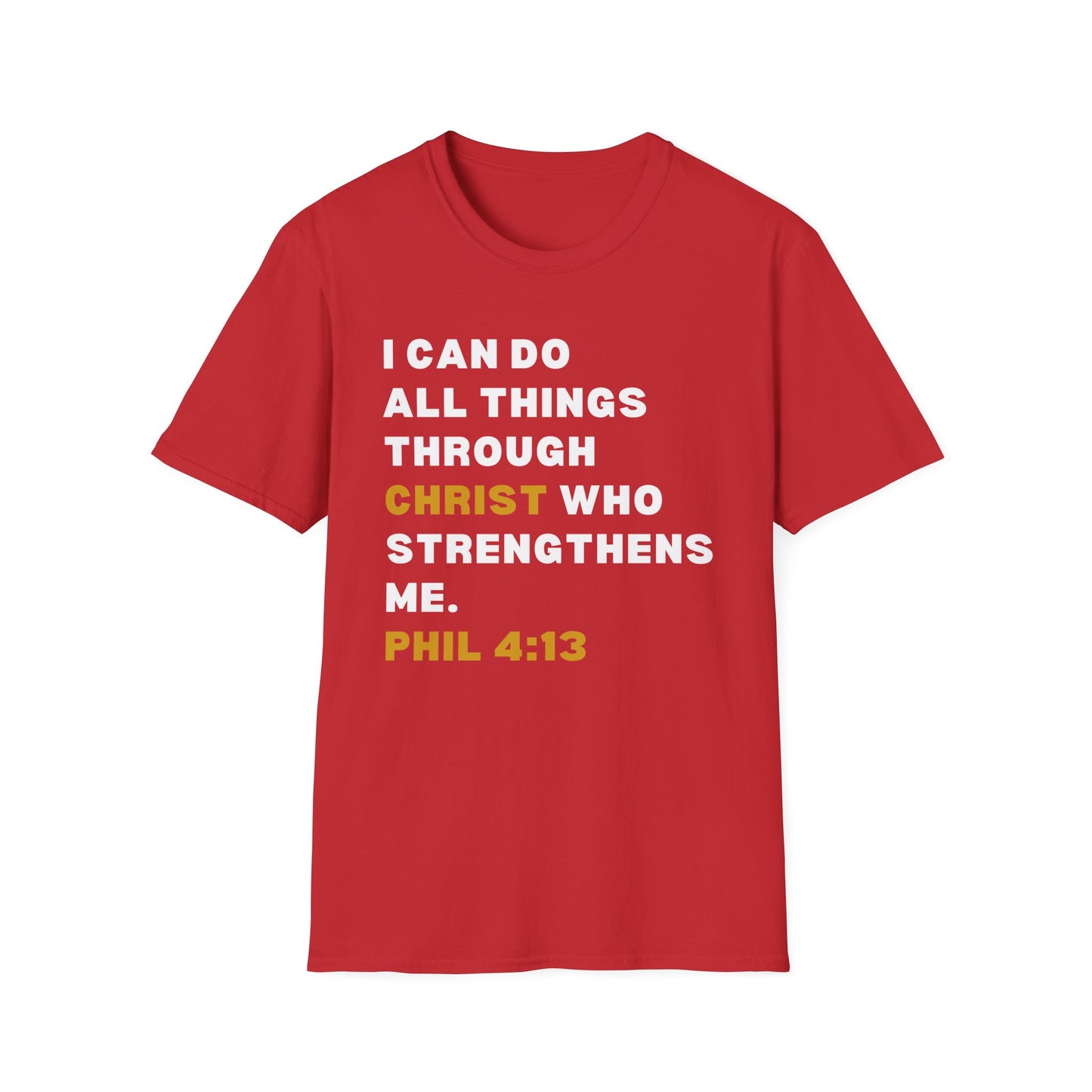 Christ Centered Faith men's Christian t-shirt with "I Can Do All Things Through Christ Who Strengthens Me" and Pilippians 4:13 Bible verse text in white and yellow on red background.