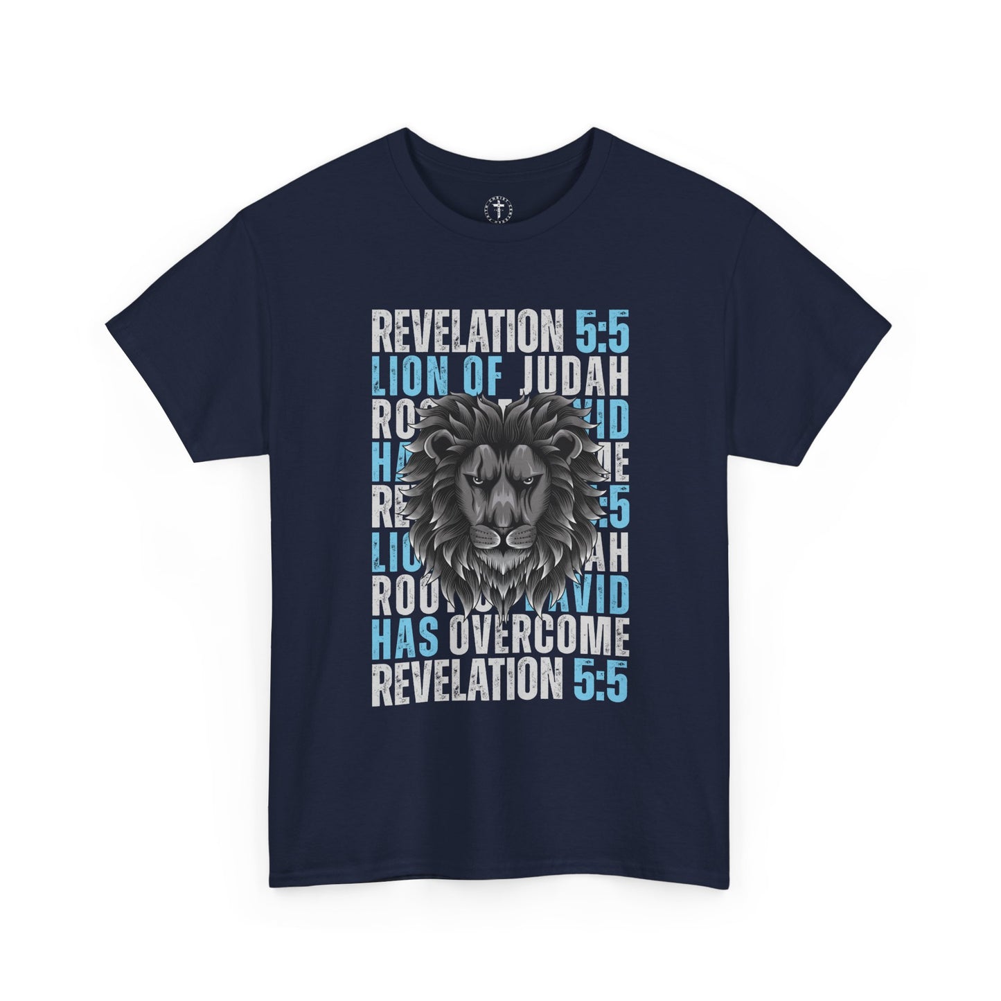 Christ Centered Faith men's Christian t-shirt with "Lion Of Judah, Root Of David, Has Overcome" and Revelation 5:5 Bible verse text alternating between white and blue on navy background.
