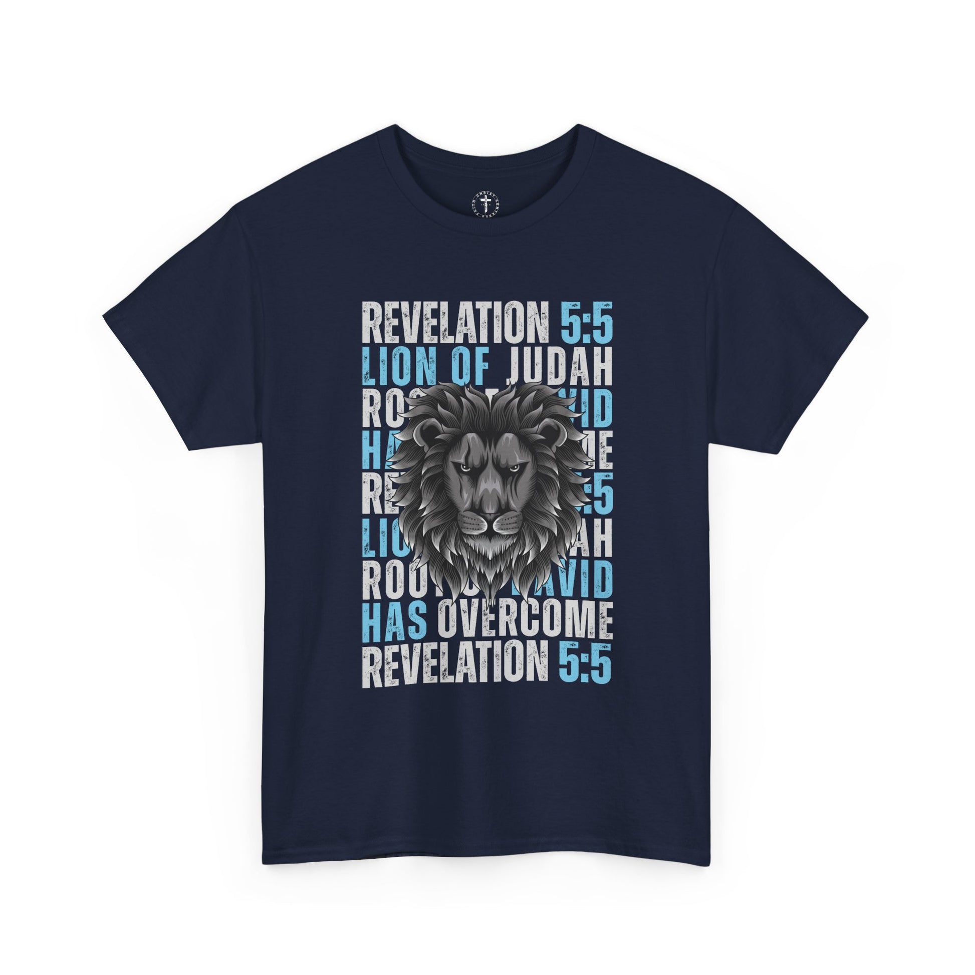 Christ Centered Faith men's Christian t-shirt with "Lion Of Judah, Root Of David, Has Overcome" and Revelation 5:5 Bible verse text alternating between white and blue on navy background.