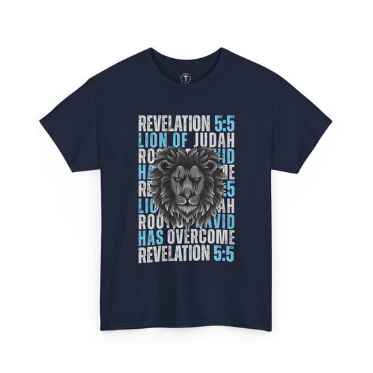 Christ Centered Faith men's Christian t-shirt with "Lion Of Judah, Root Of David, Has Overcome" and Revelation 5:5 Bible verse text alternating between white and blue on navy background.