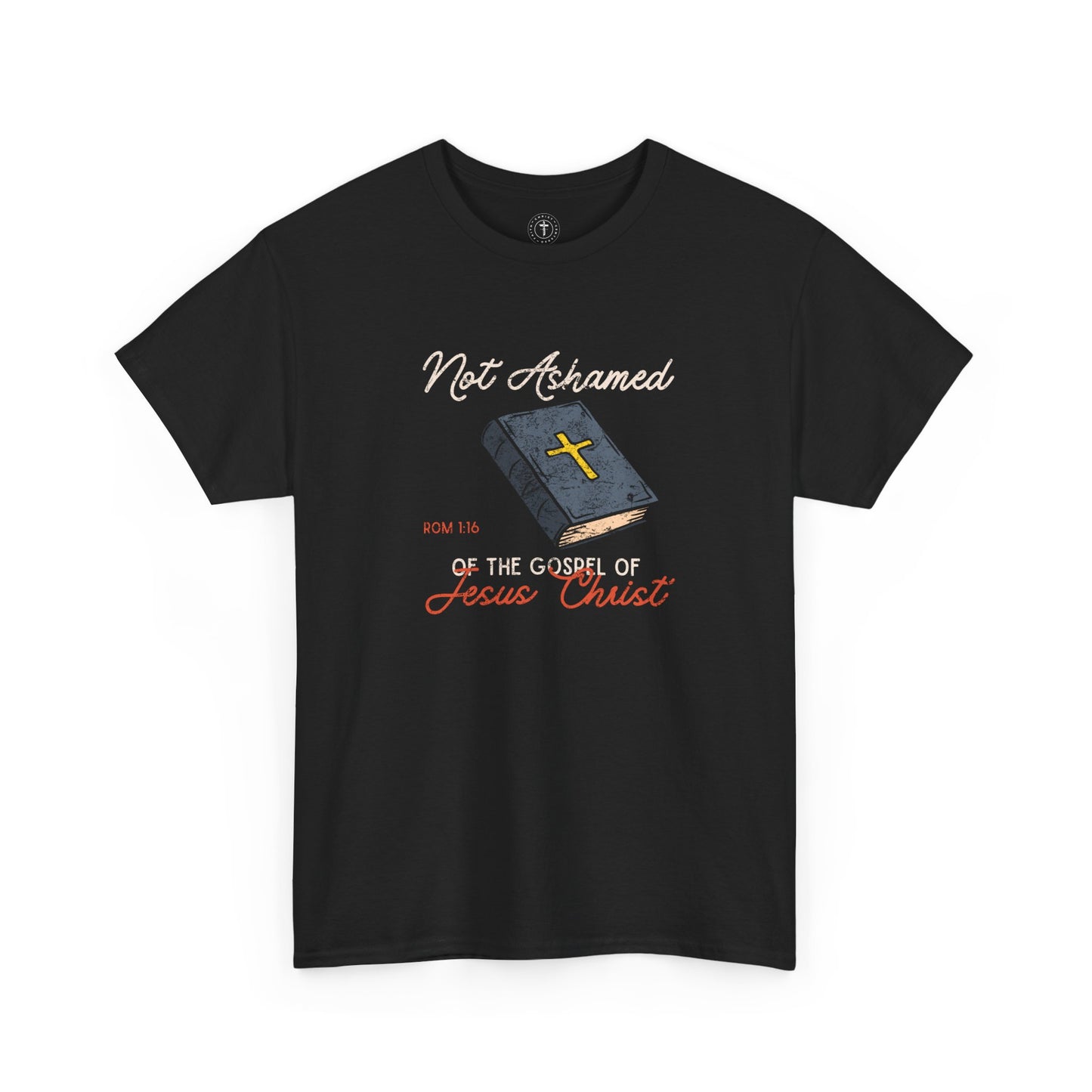 Christ Centered Faith men's Christian t-shirt with multicolor "Not Ashamed of The Gospel of Jesus Christ" and Romans 1:16 Bible verse with yellow cross on blue bible graphic on black background.