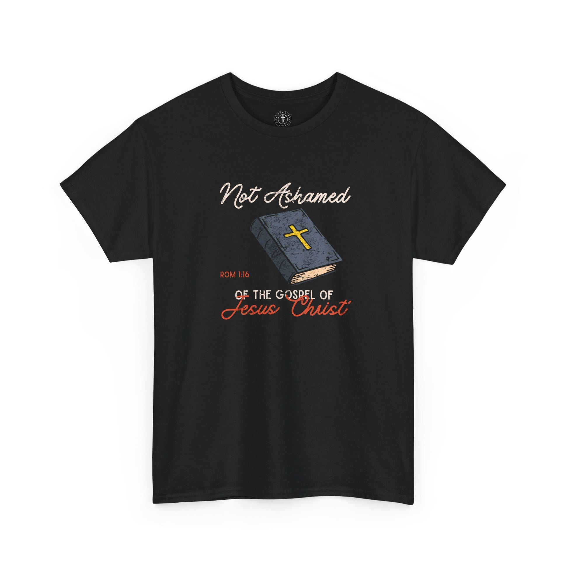 Christ Centered Faith men's Christian t-shirt with multicolor "Not Ashamed of The Gospel of Jesus Christ" and Romans 1:16 Bible verse with yellow cross on blue bible graphic on black background.