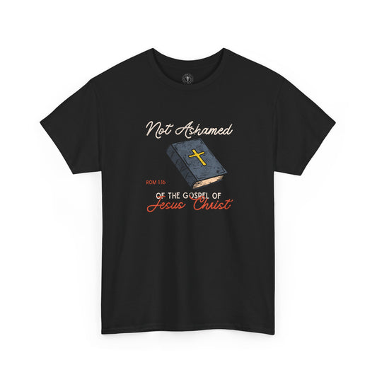 Christ Centered Faith men's Christian t-shirt with multicolor "Not Ashamed of The Gospel of Jesus Christ" and Romans 1:16 Bible verse with yellow cross on blue bible graphic on black background.
