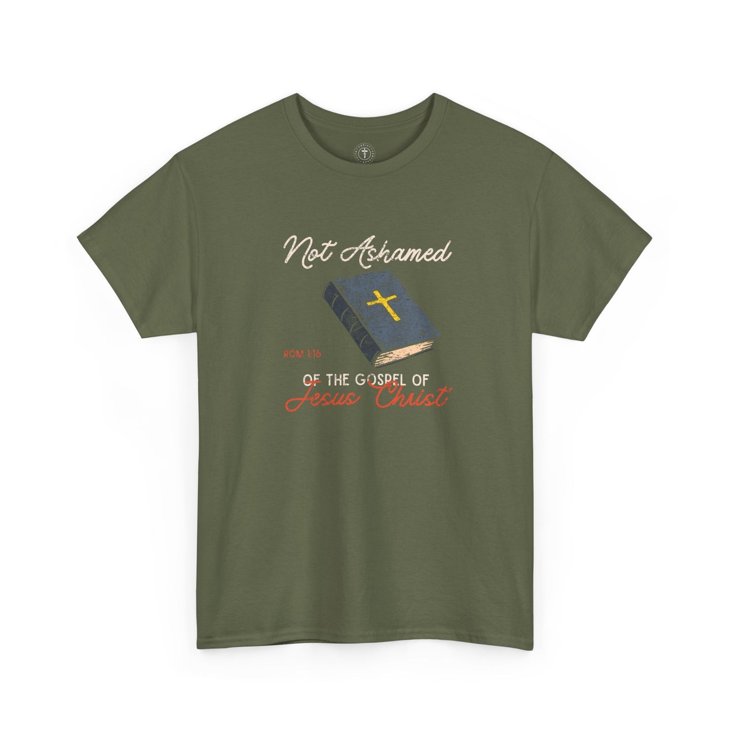 Christ Centered Faith men's Christian t-shirt with multicolor "Not Ashamed of The Gospel of Jesus Christ" and Romans 1:16 Bible verse with yellow cross on blue bible graphic on military green background.