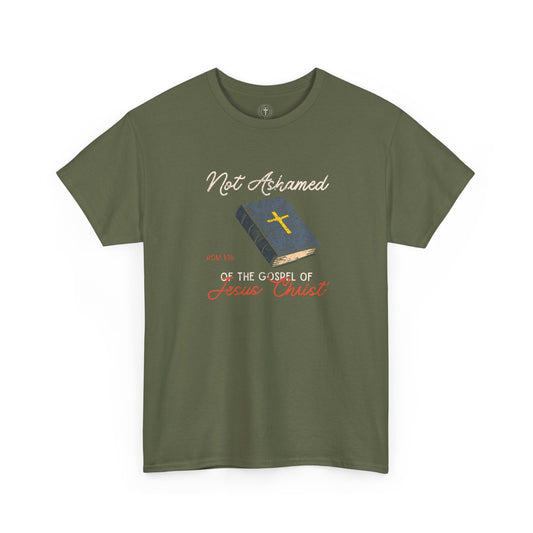 Christ Centered Faith men's Christian t-shirt with multicolor "Not Ashamed of The Gospel of Jesus Christ" and Romans 1:16 Bible verse with yellow cross on blue bible graphic on military green background.