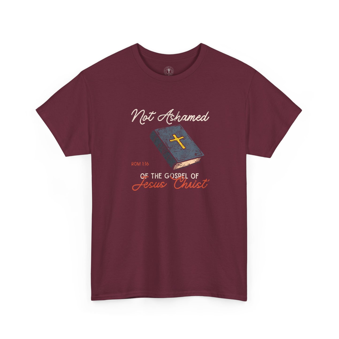 Christ Centered Faith men's Christian t-shirt with multicolor "Not Ashamed of The Gospel of Jesus Christ" and Romans 1:16 Bible verse with yellow cross on blue bible graphic on maroon background.