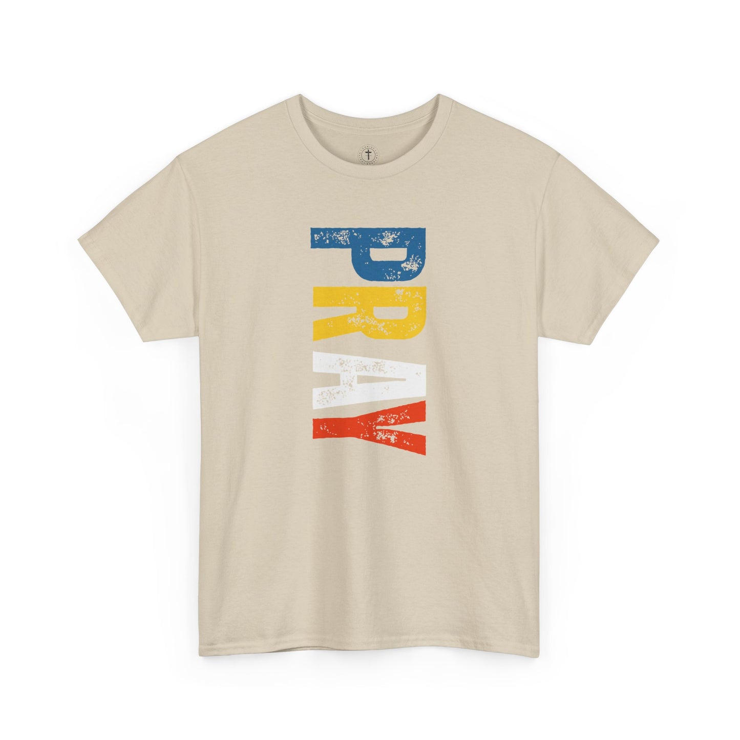 Christ Centered Faith men's Christian t-shirt with multicolor "Pray" vertical text on beige background.