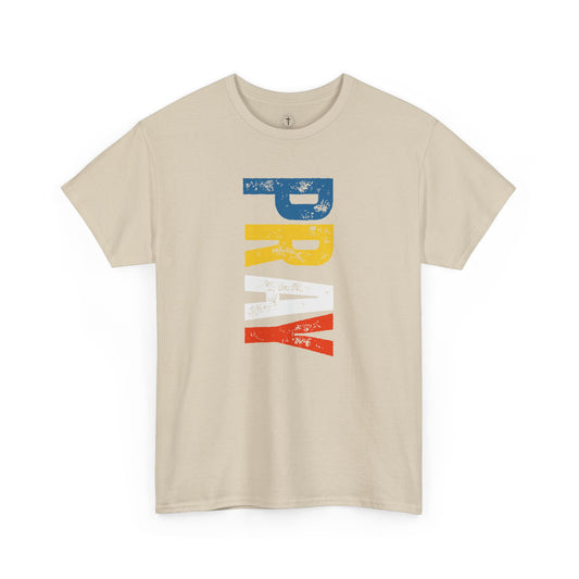 Christ Centered Faith men's Christian t-shirt with multicolor "Pray" vertical text on beige background.