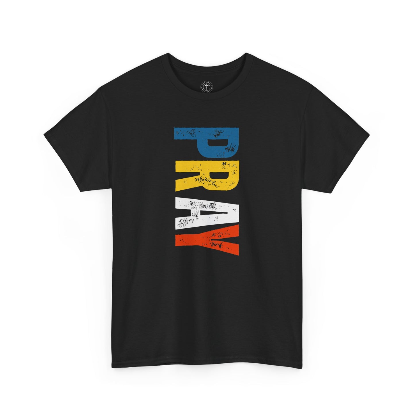 Christ Centered Faith men's Christian t-shirt with multicolor "Pray" vertical text on black background.