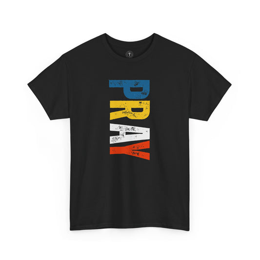 Christ Centered Faith men's Christian t-shirt with multicolor "Pray" vertical text on black background.
