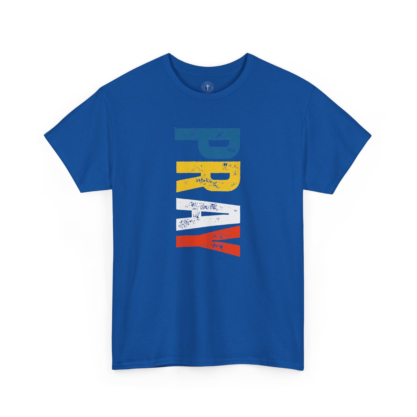 Christ Centered Faith men's Christian t-shirt with multicolor "Pray" vertical text on blue background.