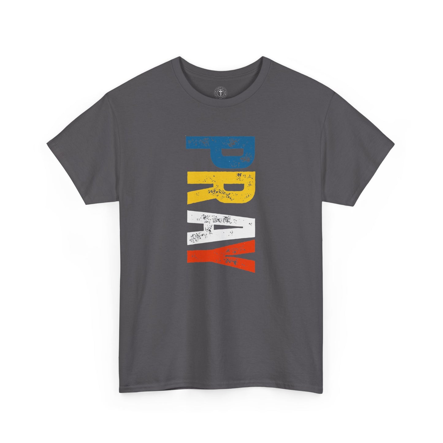 Christ Centered Faith men's Christian t-shirt with multicolor "Pray" vertical text on charcoal gray background.