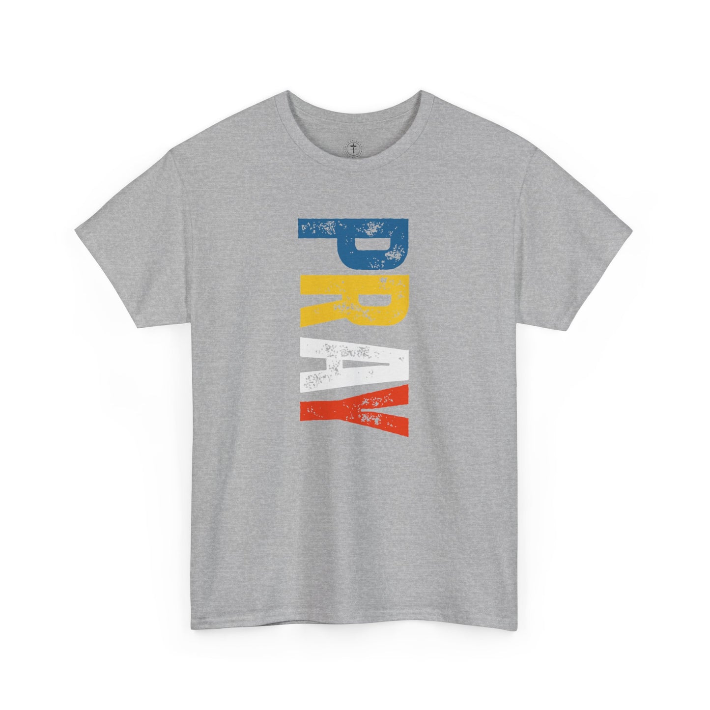 Christ Centered Faith men's Christian t-shirt with multicolor "Pray" vertical text on gray background.
