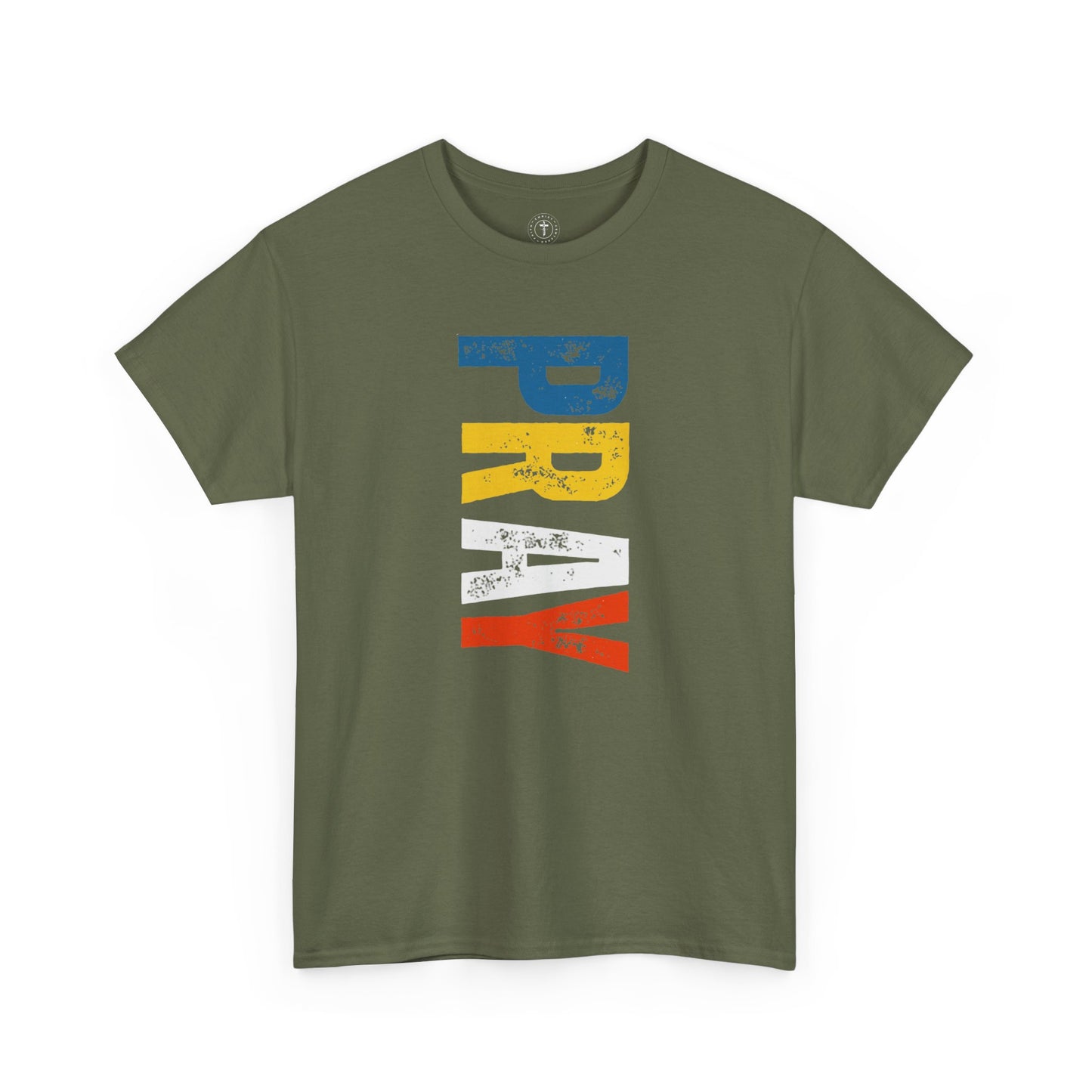 Christ Centered Faith men's Christian t-shirt with multicolor "Pray" vertical text on military green background.