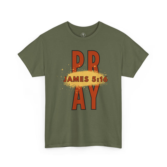 Christ Centered Faith men's Christian t-shirt with "Pray James 5:16" text in red on military green background.