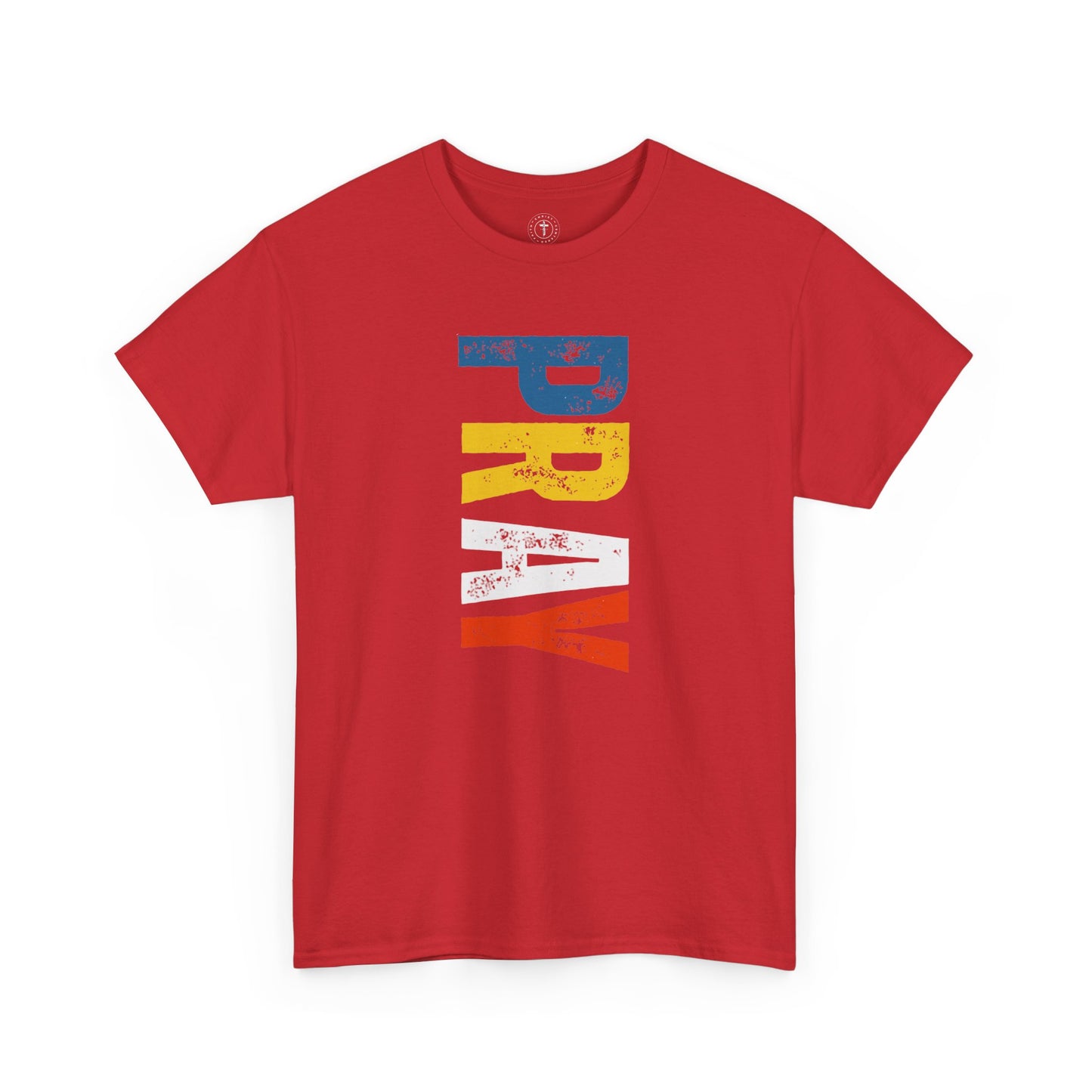 Christ Centered Faith men's Christian t-shirt with multicolor "Pray" vertical text on red background.
