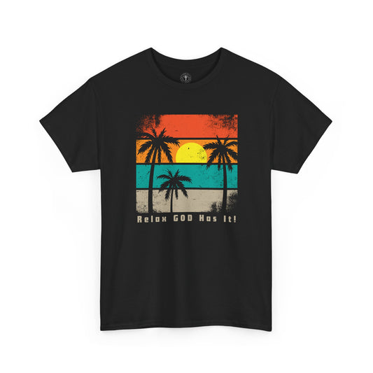 Christ Centered Faith men's Christian T-shirt with "Relax God Has It" text in gray and retro multicolor beach, sun and palm tree design on black background.