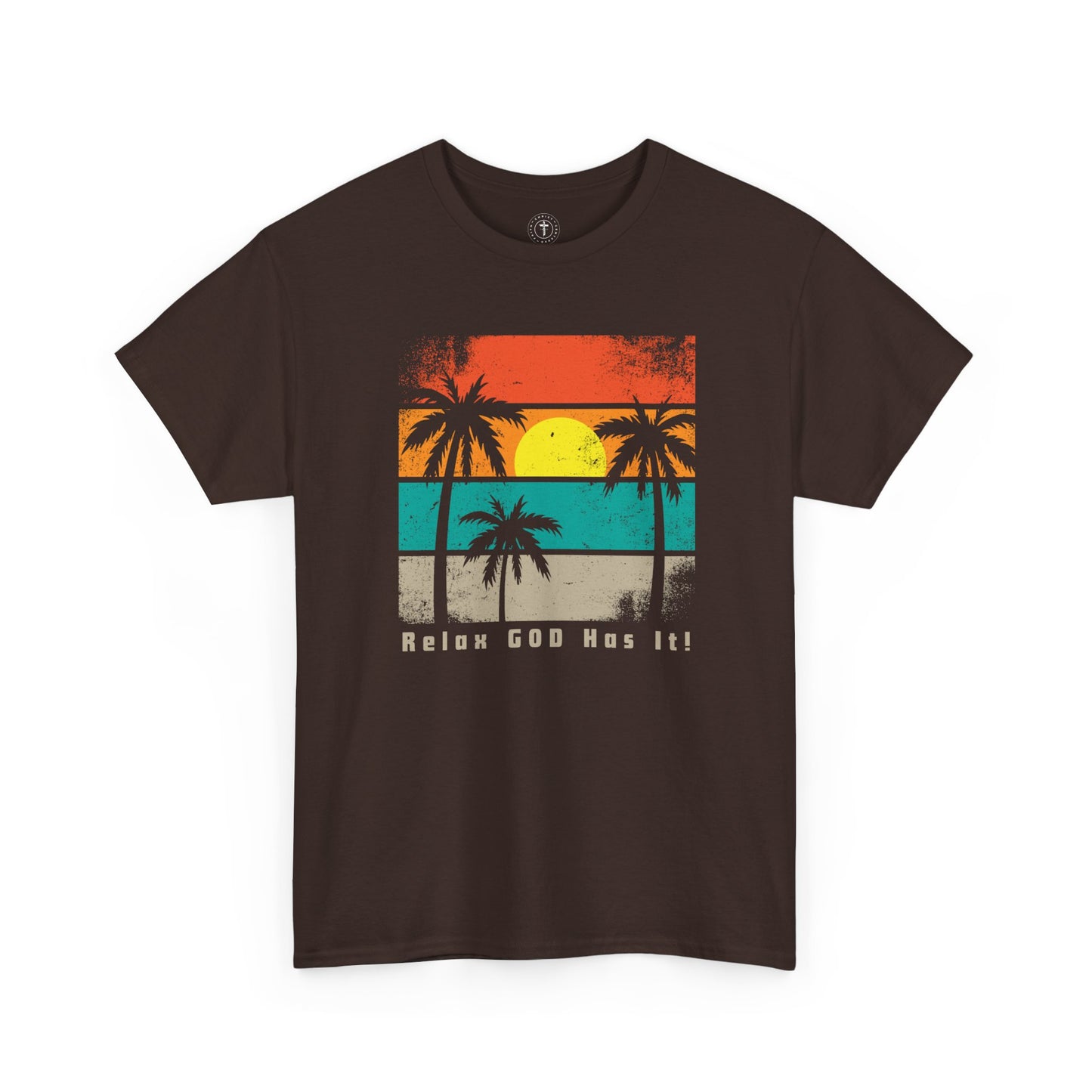 Christ Centered Faith men's Christian T-shirt with "Relax God Has It" text in gray and retro multicolor beach, sun and palm tree design on brown background.