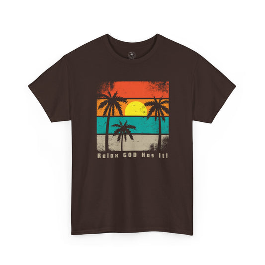 Christ Centered Faith men's Christian T-shirt with "Relax God Has It" text in gray and retro multicolor beach, sun and palm tree design on brown background.