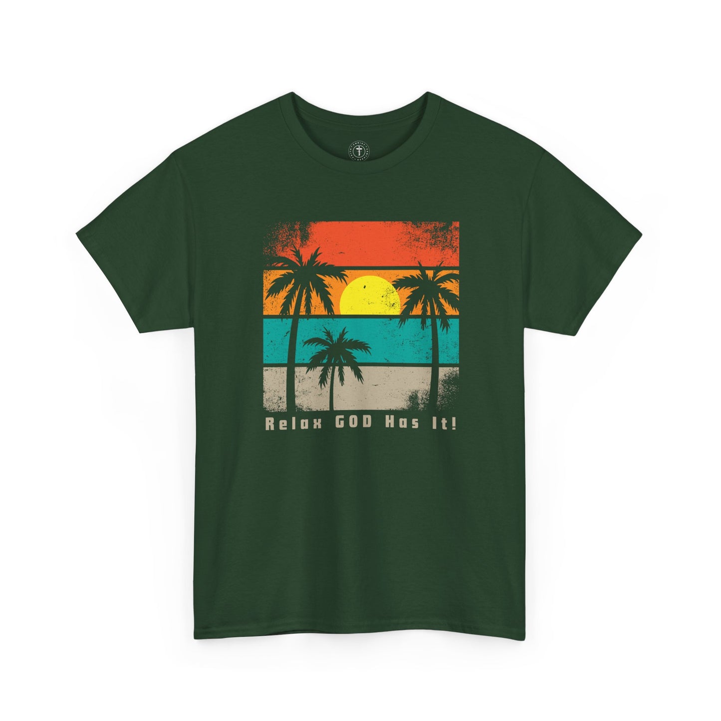 Christ Centered Faith men's Christian T-shirt with "Relax God Has It" text in gray and retro multicolor beach, sun and palm tree design on green background.