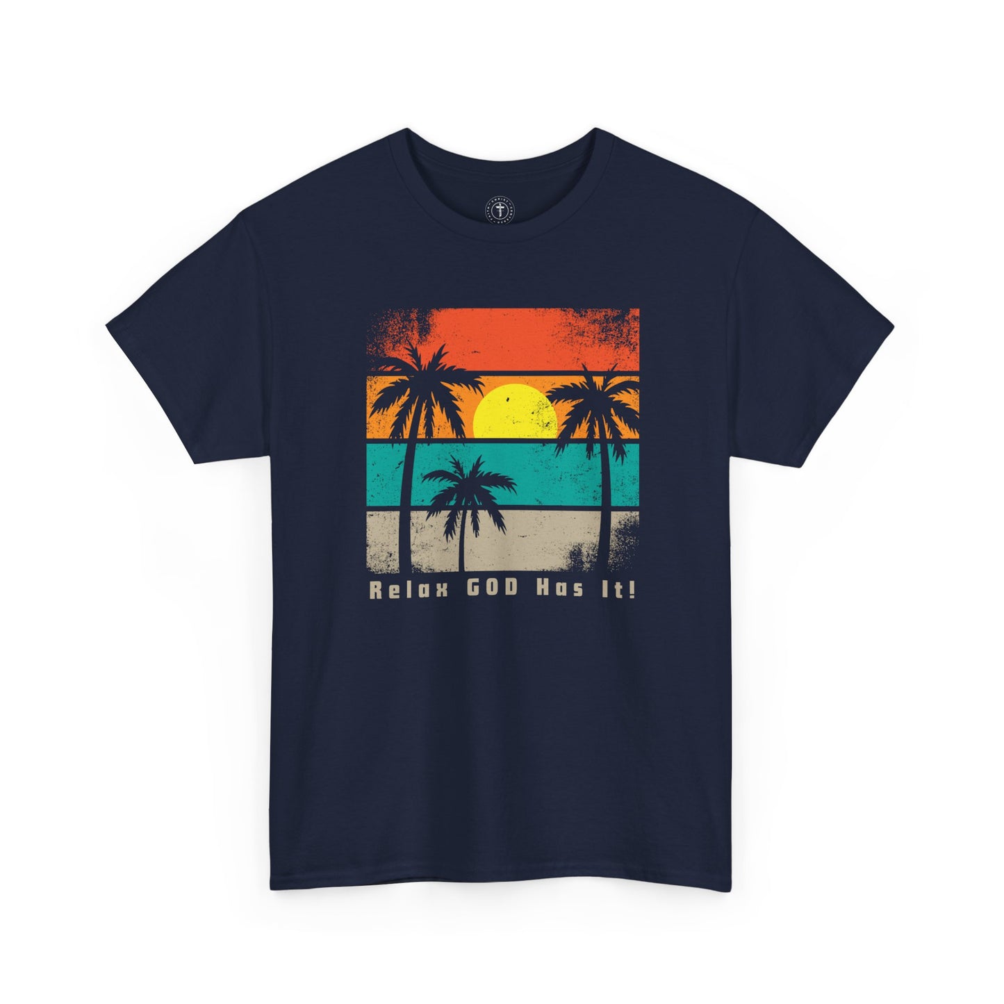 Christ Centered Faith men's Christian T-shirt with "Relax God Has It" text in gray and retro multicolor beach, sun and palm tree design on navy background.