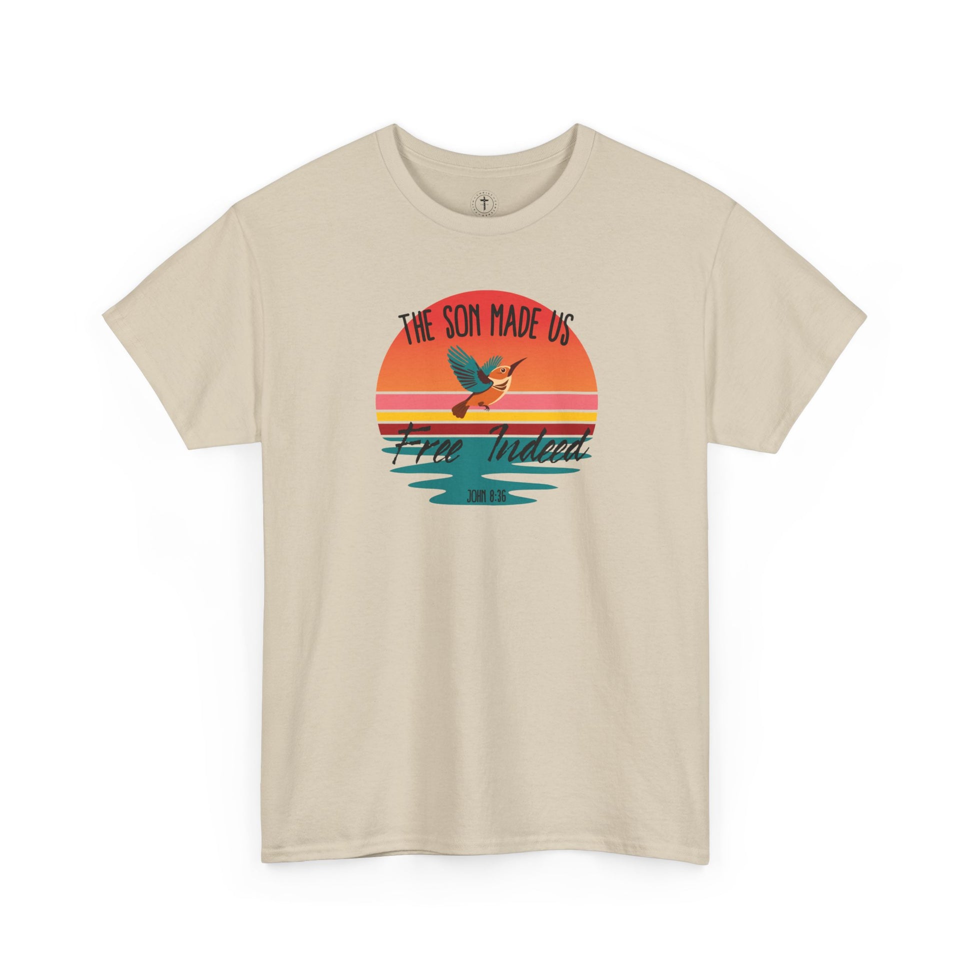 Christ Centered Faith men's Christian T-shirt with "The Son Made Us Free Indeed" and John 8:36 Bible verse text in black over retro sunset and hummingbird design on beige background.